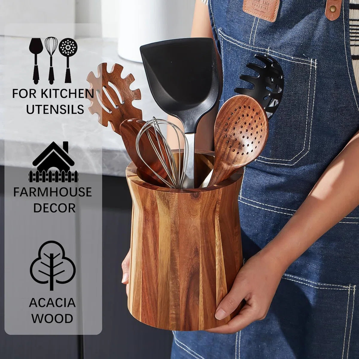Wooden Utensil Holder for Countertop, 360° Rotating Kitchen Utensil Holder