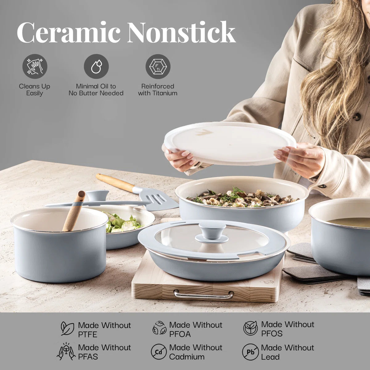 18 Piece Detachable Handle Ceramic Nonstick Cookware Set