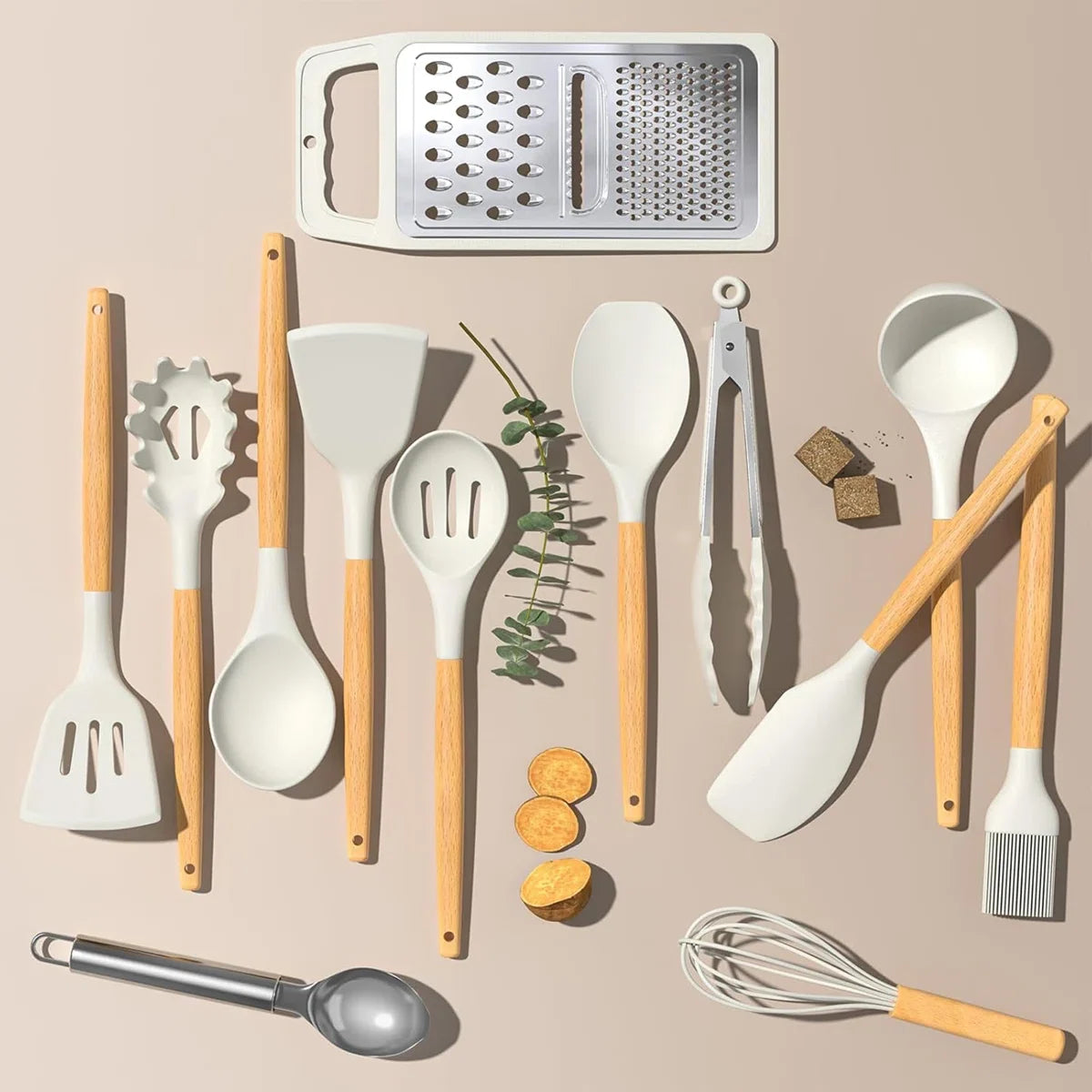 34-Piece Silicone Kitchen Utensil Set With Vintage Wooden Handles - Complete Cooking Essentials