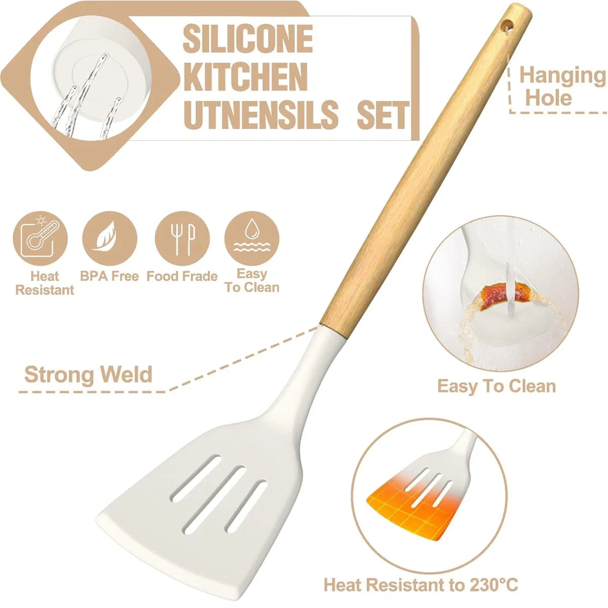 34-Piece Silicone Kitchen Utensil Set With Vintage Wooden Handles - Complete Cooking Essentials