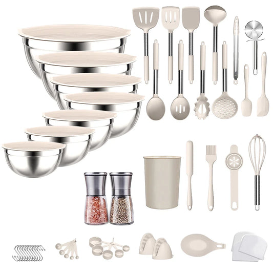 32-Piece Stainless Steel Cooking Utensil Set with 7-Piece Mixing Bowl Set with Lids