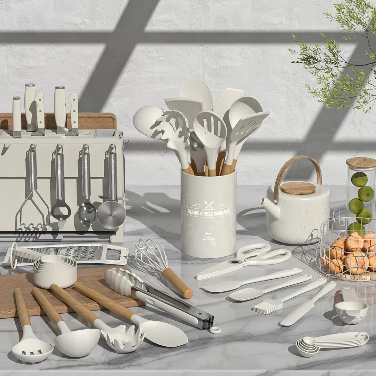 34-Piece Silicone Kitchen Utensil Set With Vintage Wooden Handles - Complete Cooking Essentials