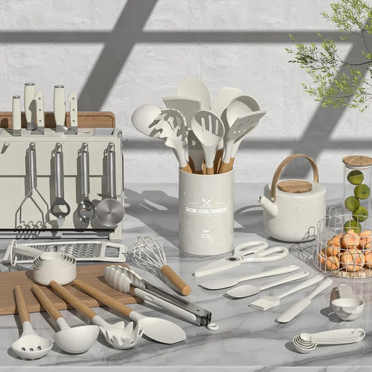 34-Piece Silicone Kitchen Utensil Set With Vintage Wooden Handles - Complete Cooking Essentials