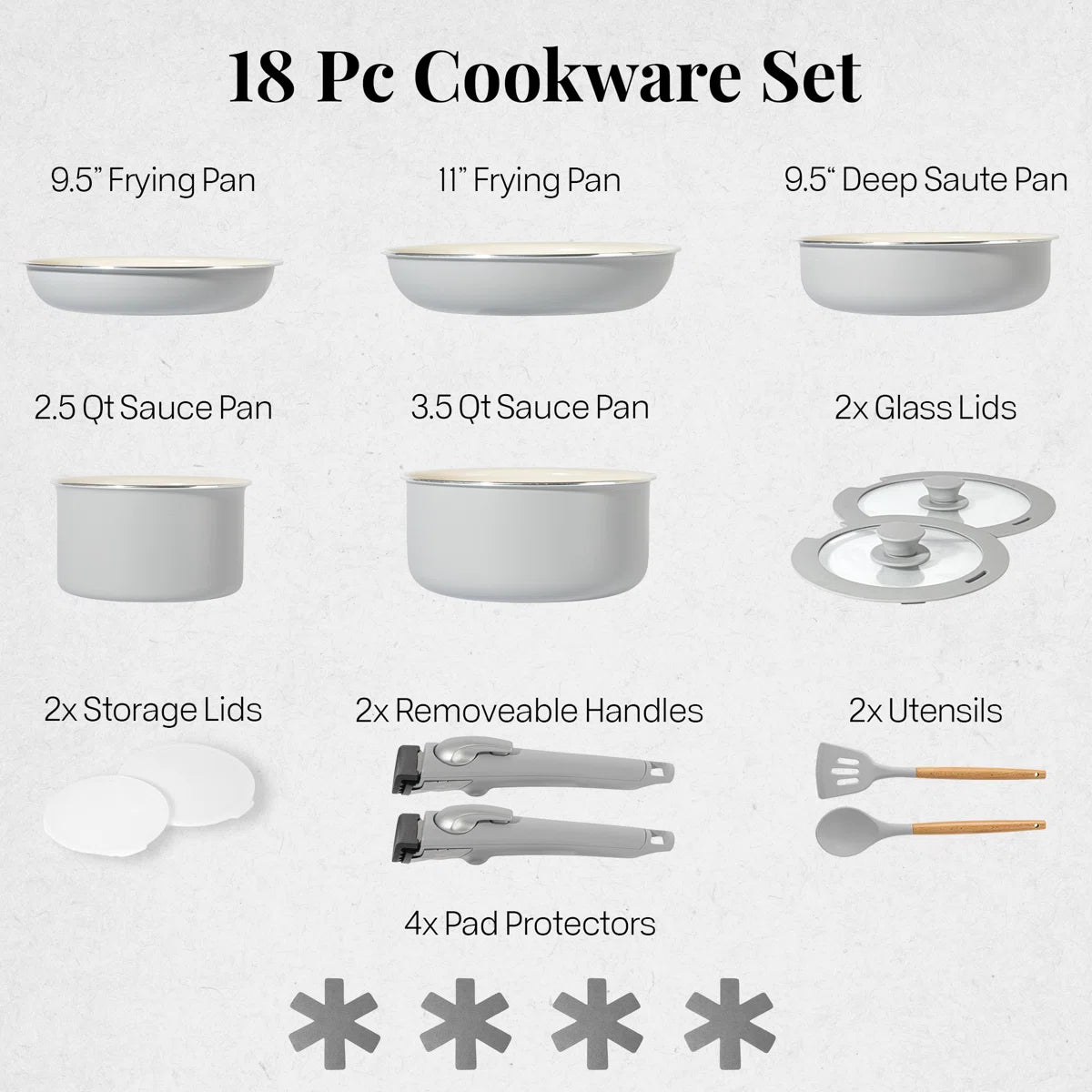 18 Piece Detachable Handle Ceramic Nonstick Cookware Set