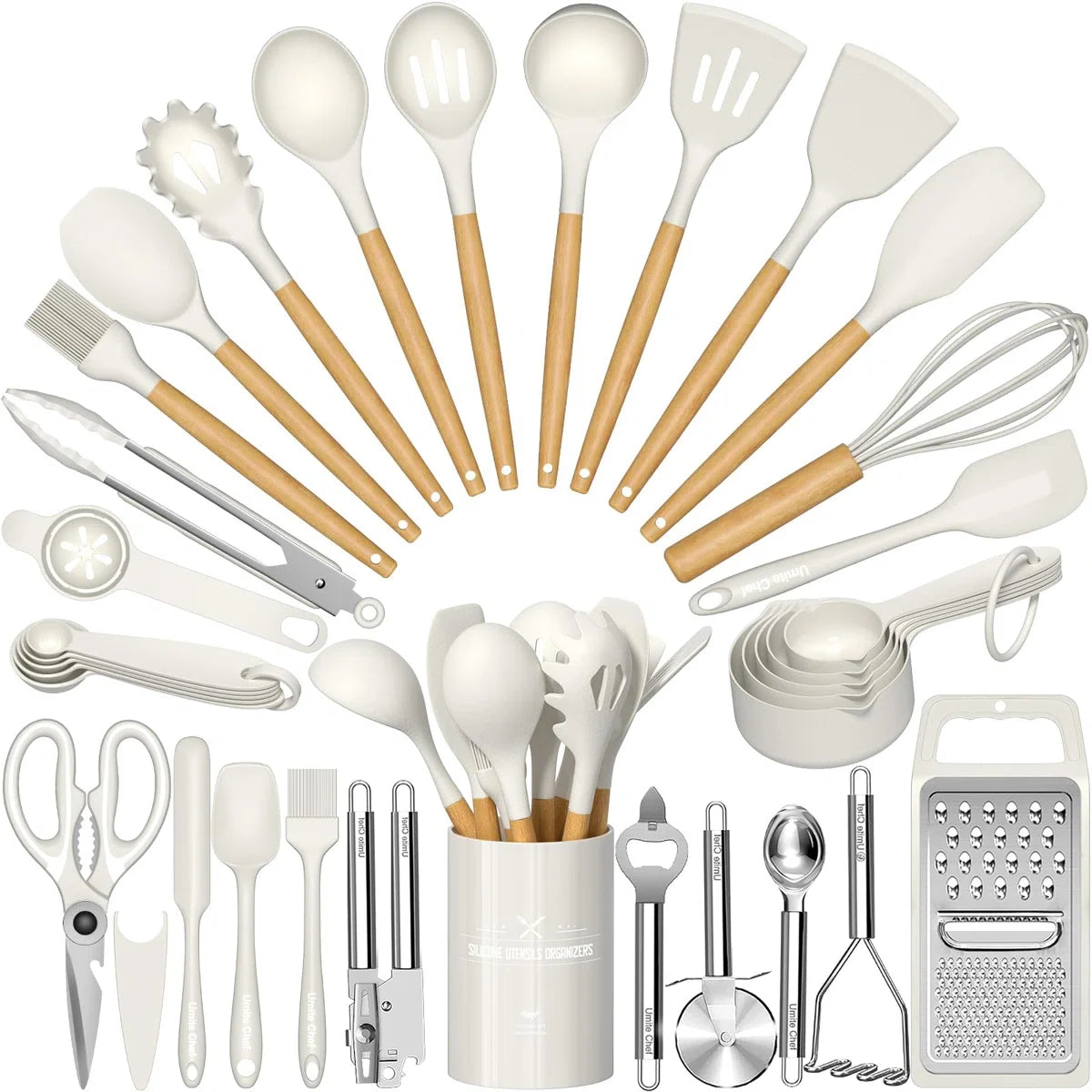34-Piece Silicone Kitchen Utensil Set With Vintage Wooden Handles - Complete Cooking Essentials