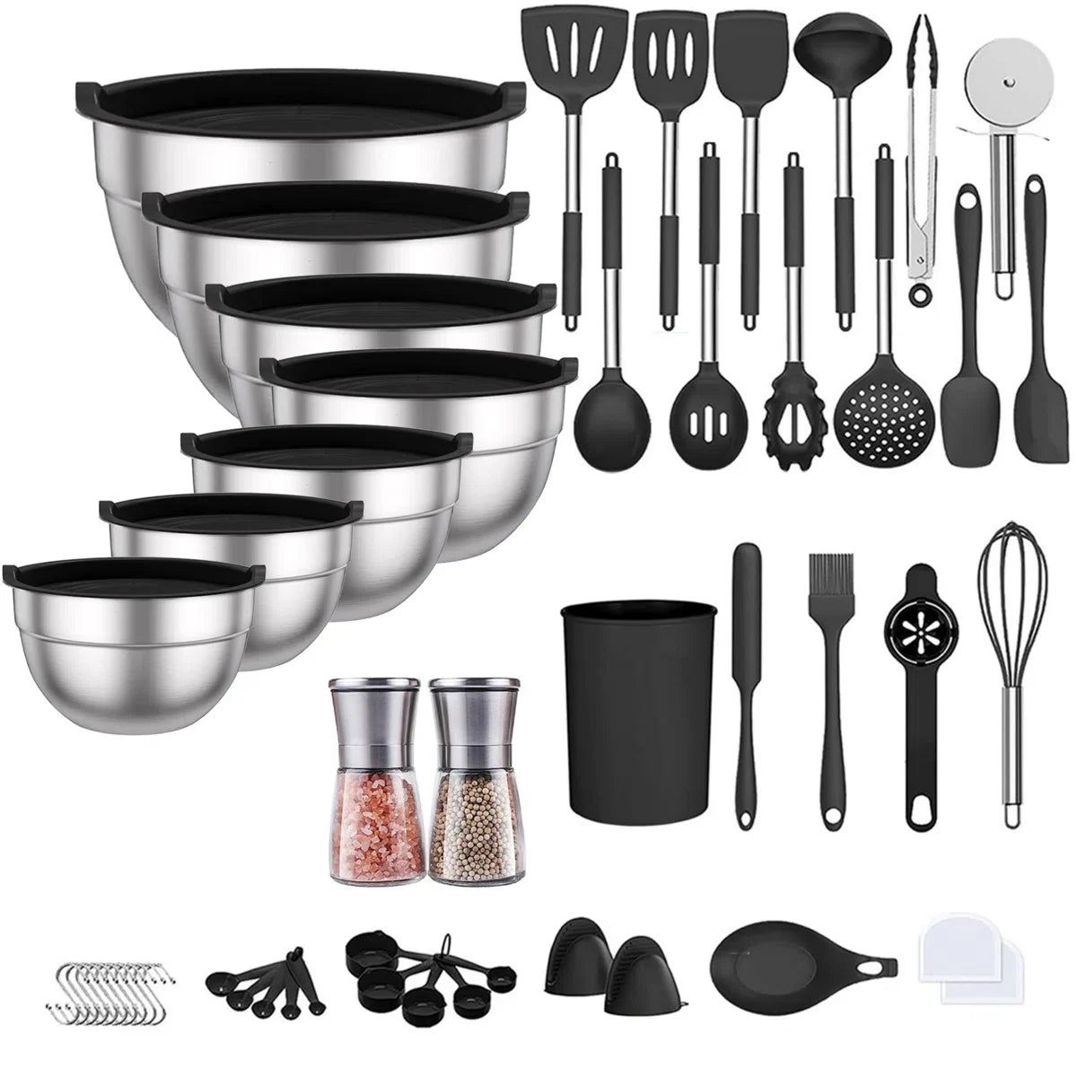 32-Piece Stainless Steel Cooking Utensil Set with 7-Piece Mixing Bowl Set with Lids