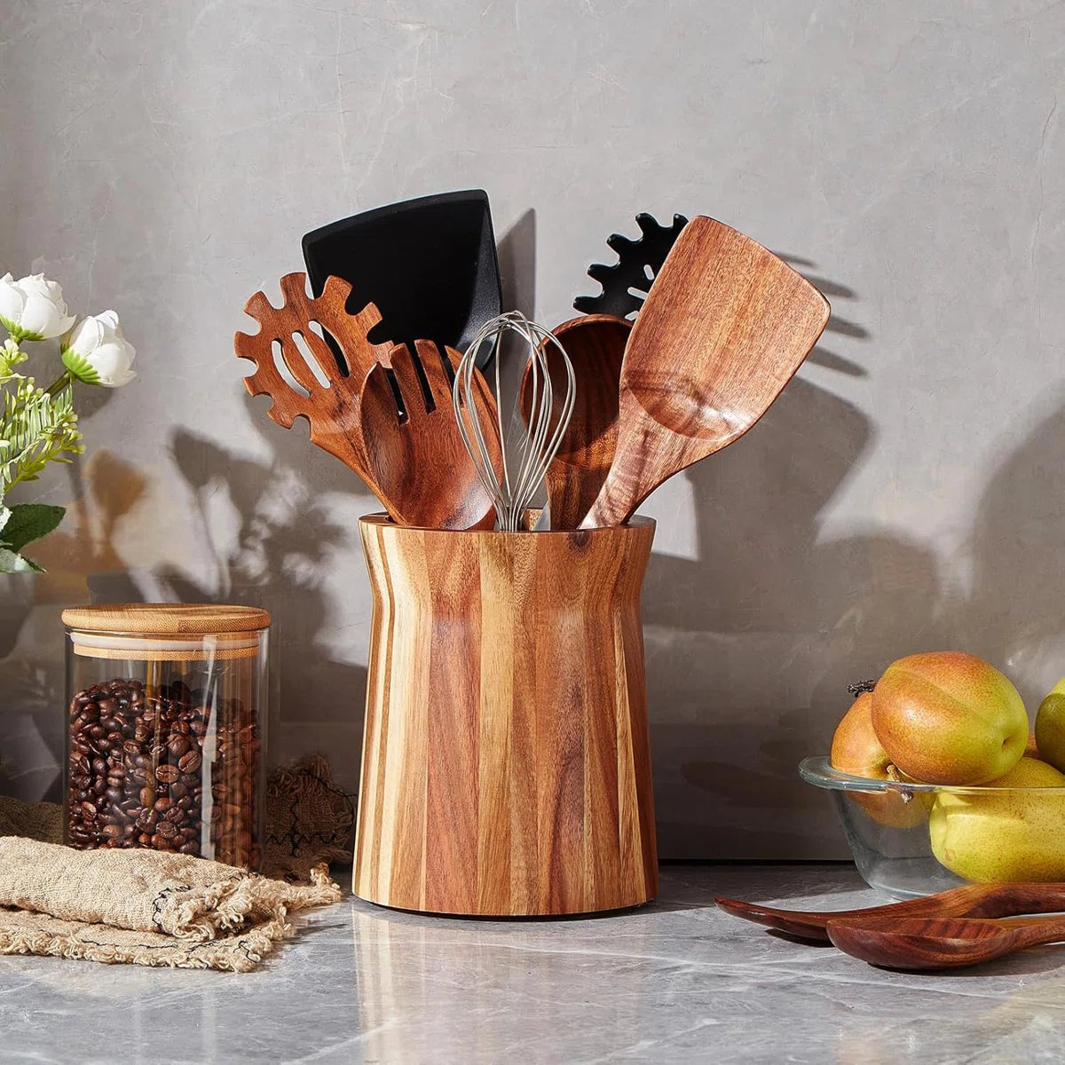 Wooden Utensil Holder for Countertop, 360° Rotating Kitchen Utensil Holder