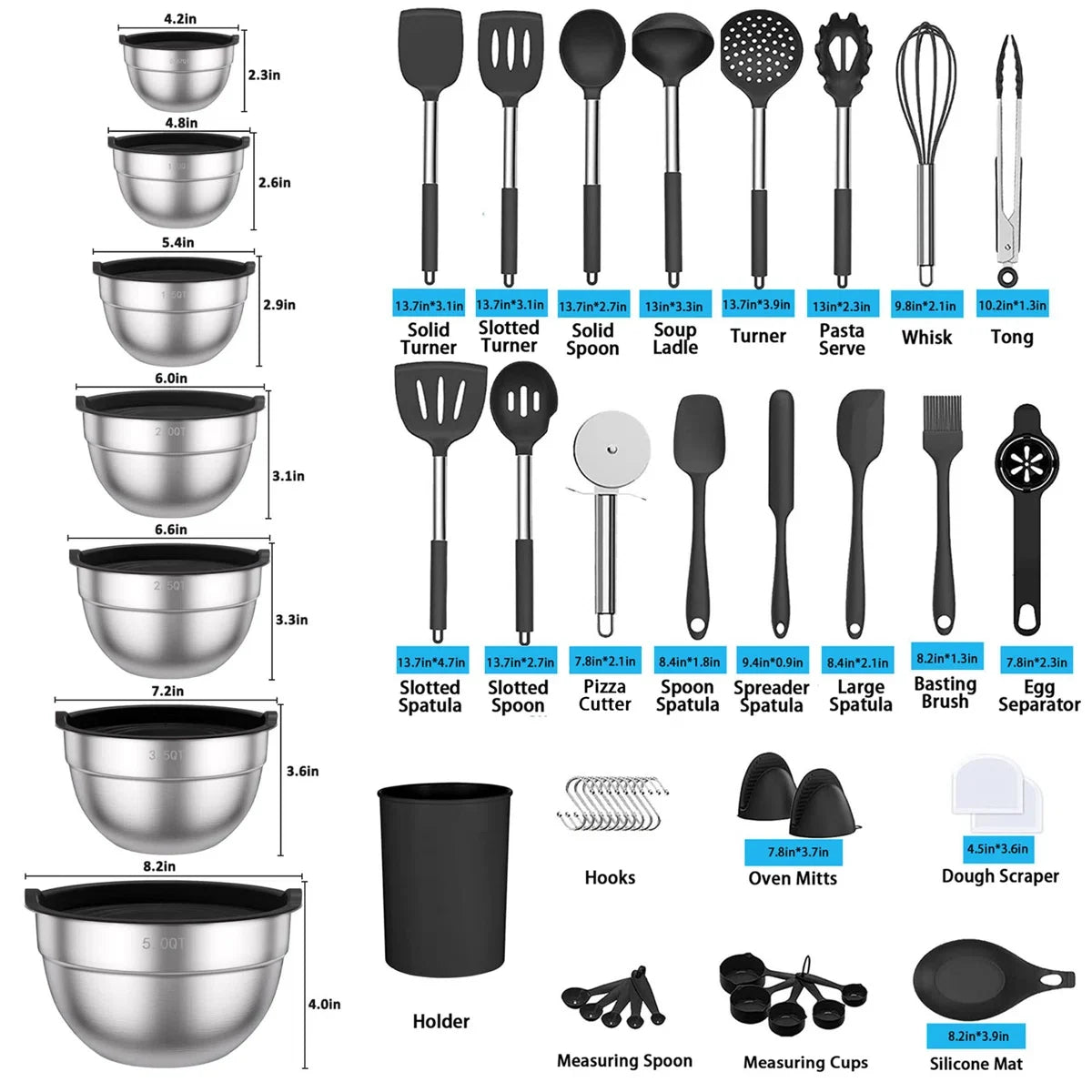 32-Piece Stainless Steel Cooking Utensil Set with 7-Piece Mixing Bowl Set with Lids