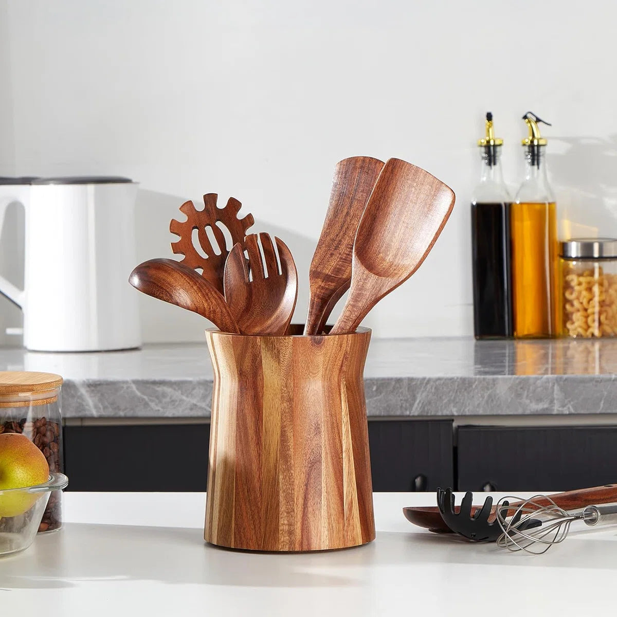 Wooden Utensil Holder for Countertop, 360° Rotating Kitchen Utensil Holder