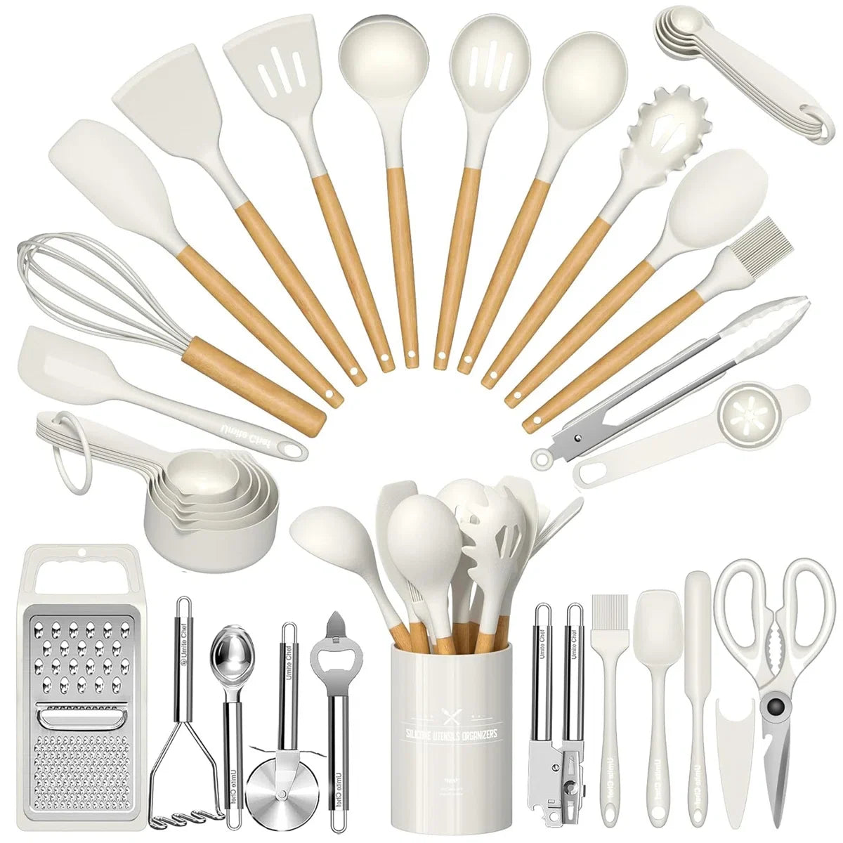 34-Piece Silicone Kitchen Utensil Set With Vintage Wooden Handles - Complete Cooking Essentials