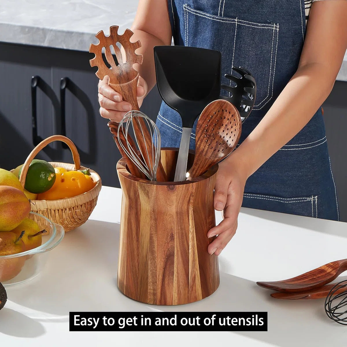 Wooden Utensil Holder for Countertop, 360° Rotating Kitchen Utensil Holder