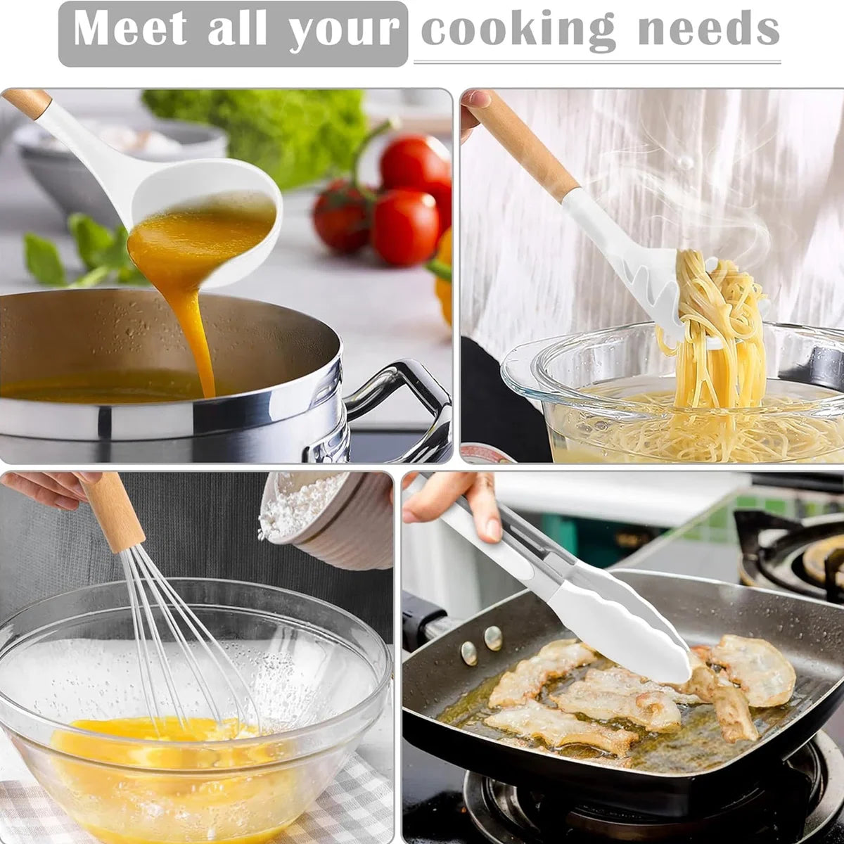 34-Piece Silicone Kitchen Utensil Set With Vintage Wooden Handles - Complete Cooking Essentials