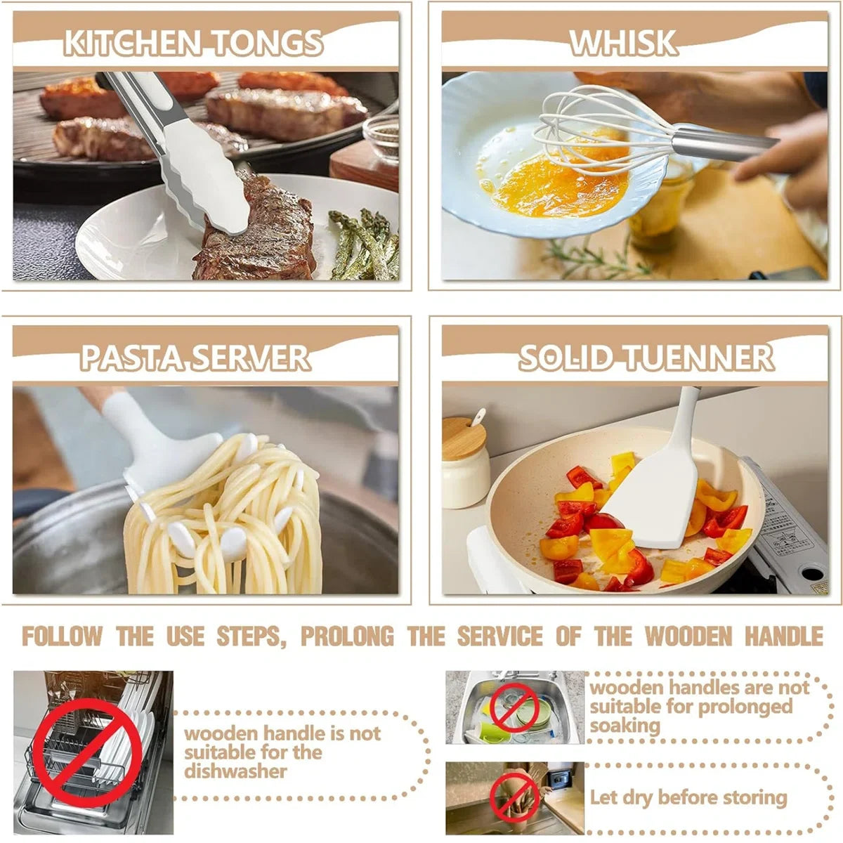 34-Piece Silicone Kitchen Utensil Set With Vintage Wooden Handles - Complete Cooking Essentials